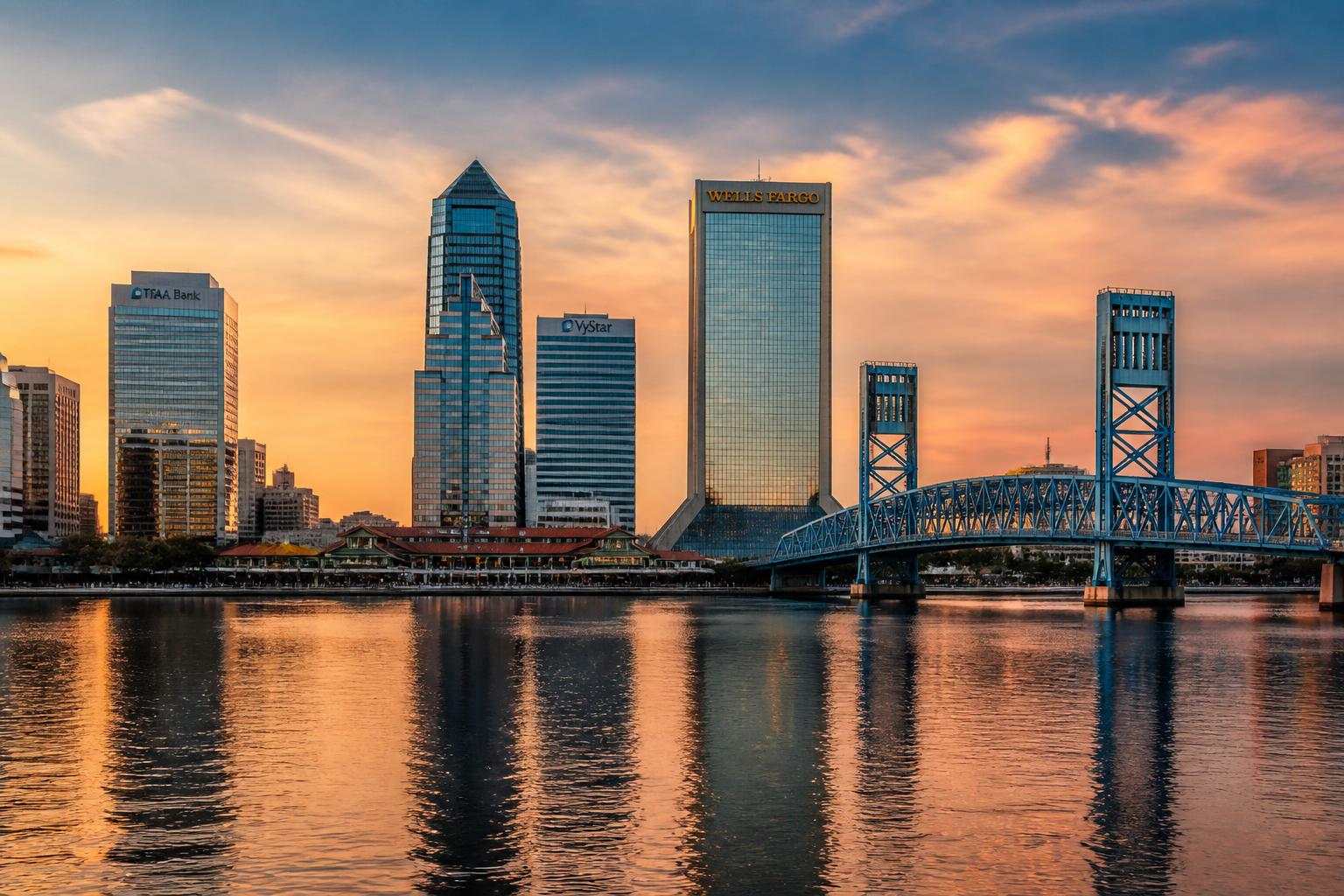 Downtown Jacksonville, Florida skyline along the St. Johns River near the Southbank Riverwalk